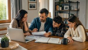 Famiglia che pianifica obiettivi e risorse per il futuro